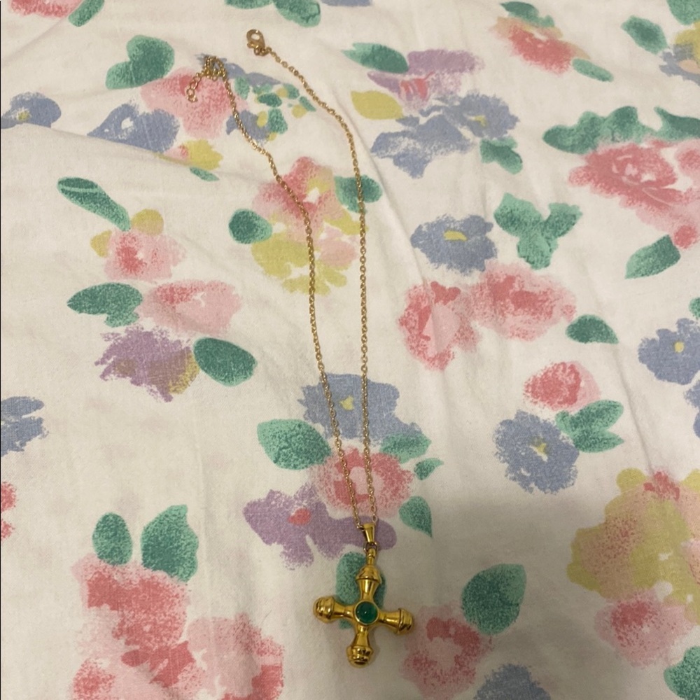 Gold Cross Pendant Necklace with Green Accent